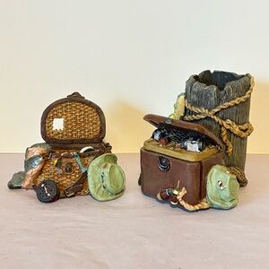 Vintage 1998 Figi Resin Card Holder & Pen/Pencil Stamp Holder Fisherman Desk Set